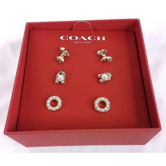 Coach Women's Signature Pearl Bow Earrings Set of Three Pairs Classic NIB #W3374 - Picture 4 of 13